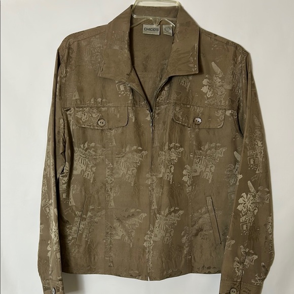 Chico's Size Medium Tan Zip Front Jacket Shirt Silk Cotton Asian Style Top - Picture 1 of 4